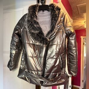 Silver Faux Fur Trim Puffer Sherpa Fleece Lined Coat with Hood! NEW!